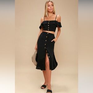 Lulu’s Malta Black Off-the-Shoulder Button-Up Two-Piece Dress
